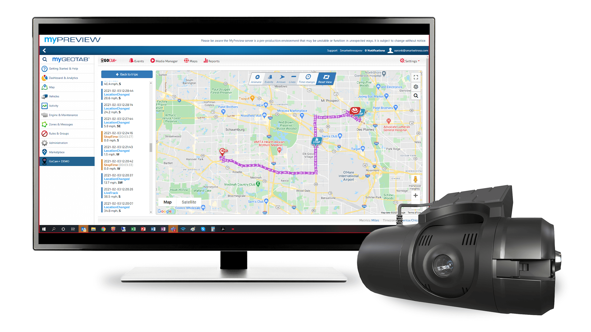 Vista del sistema MyGeotab con seguimiento de rutas en tiempo real y cámara de video telemática para flotas conectadas.